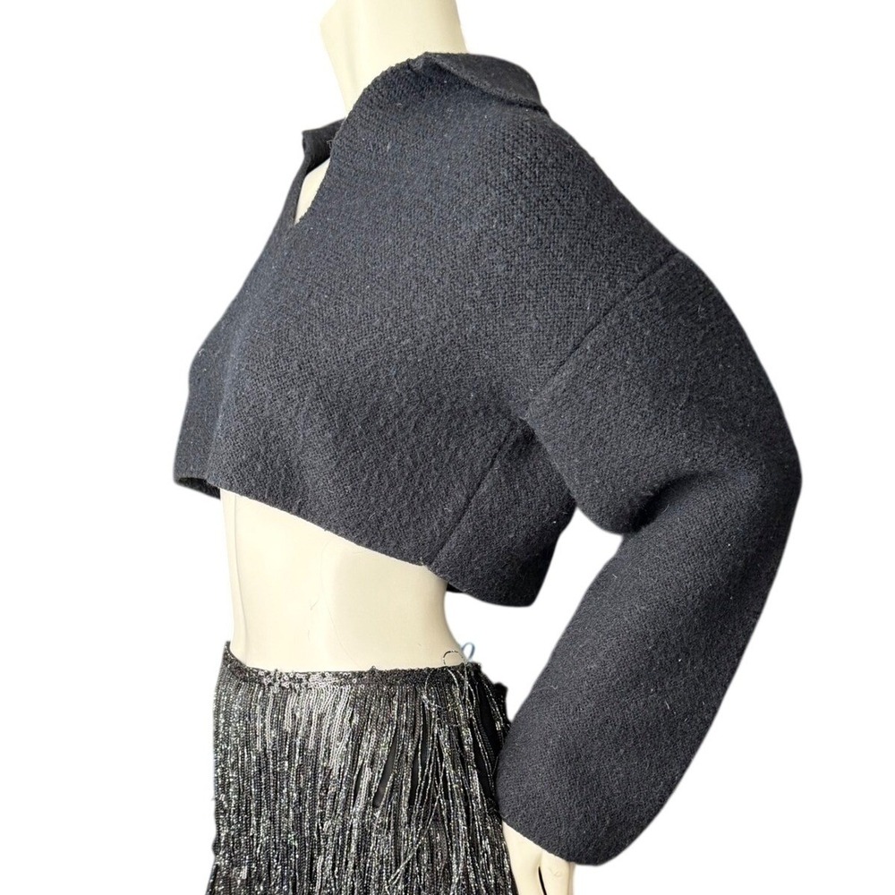Oak+Fort Cropped Polo Sweater Black V-Neck Baggy Collar Minimalist Grunge XS